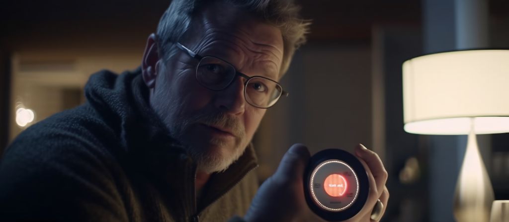 pov 55 years old man holding smart thermostat