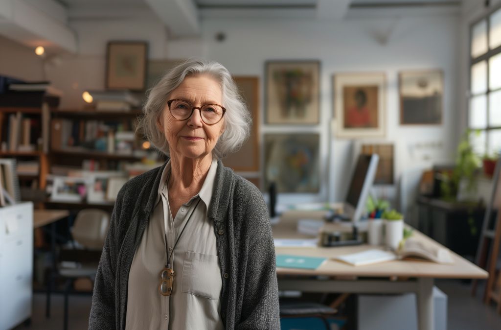 Elderly artist standing in her studio surrounded by paintings