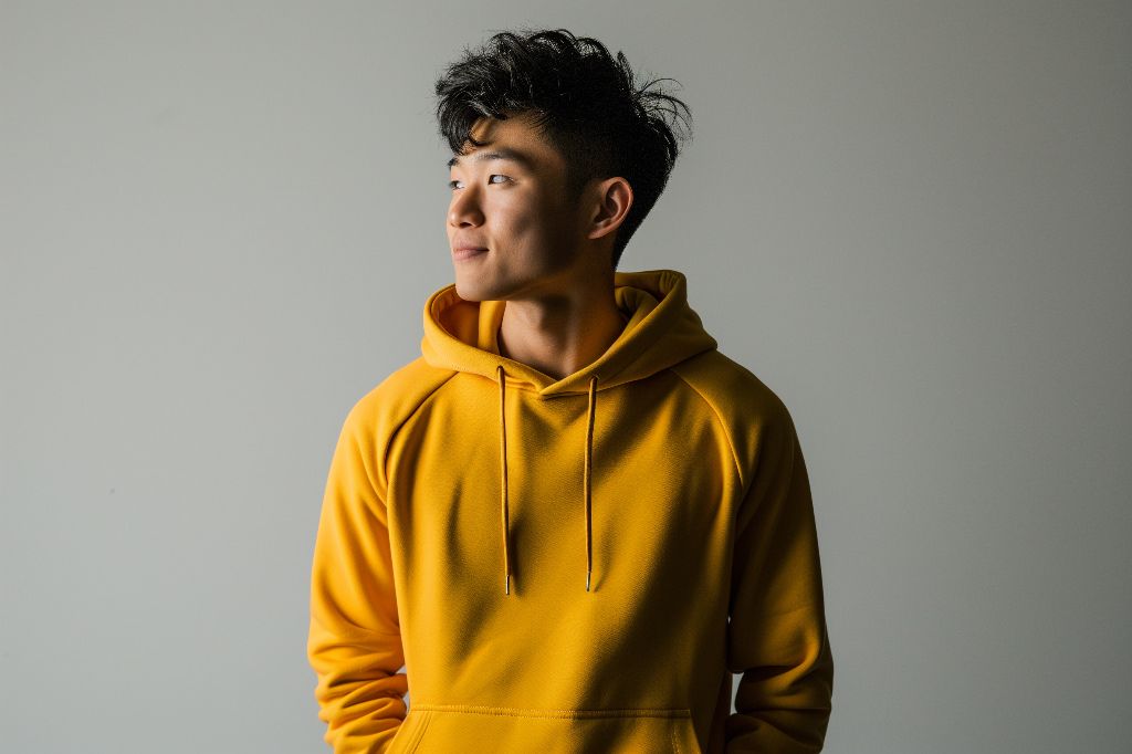 Young man in yellow hoodie looking to the side with a subtle smile