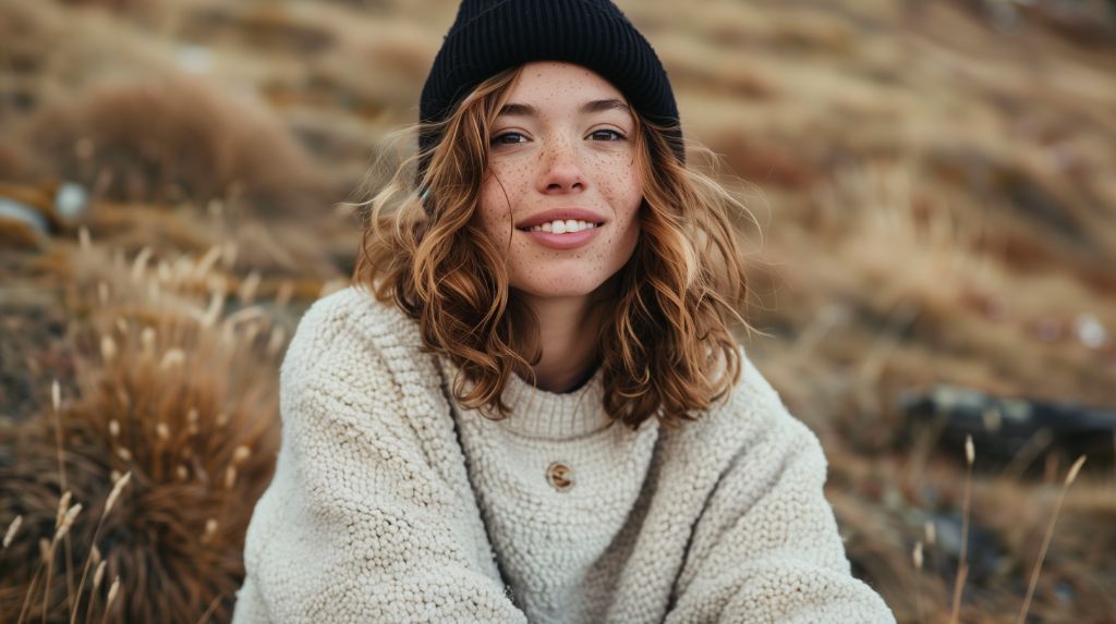 Smiling woman in a white sweater and black beanie outdoors