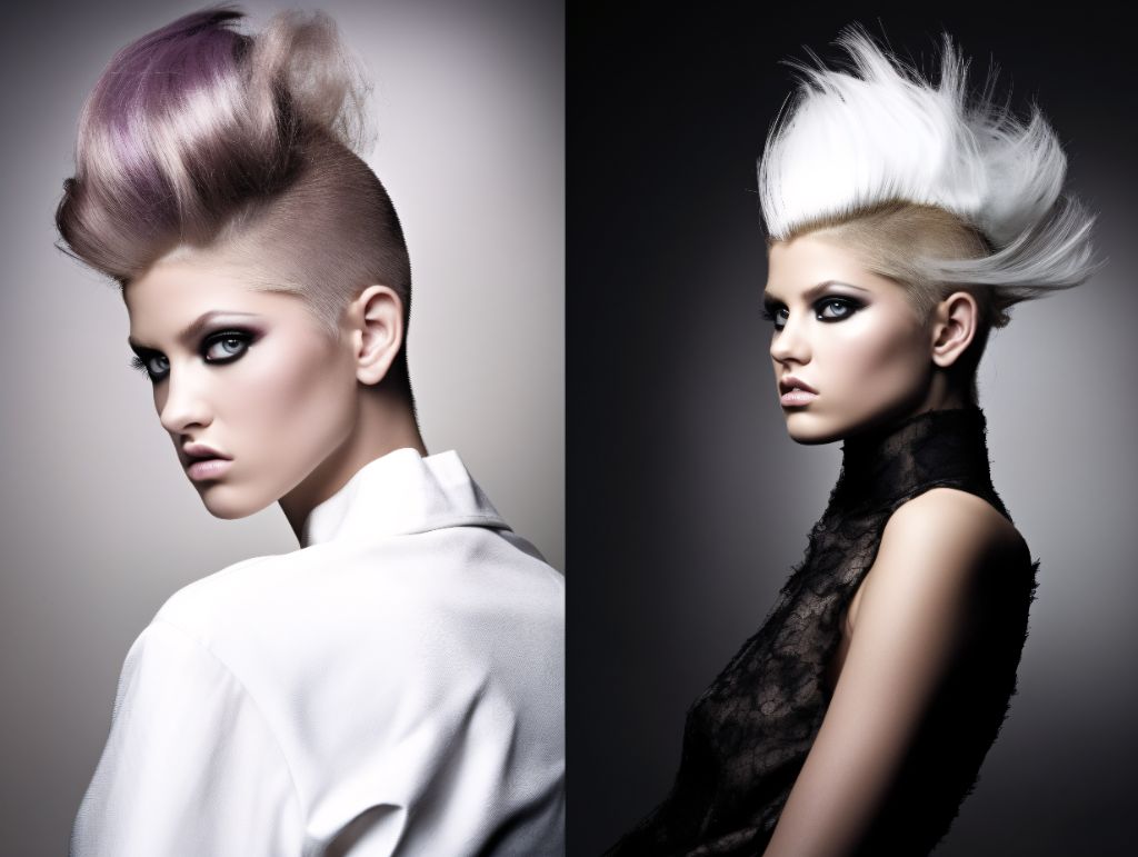 Contrasting abstract hairstyles: sleek updo vs textured look