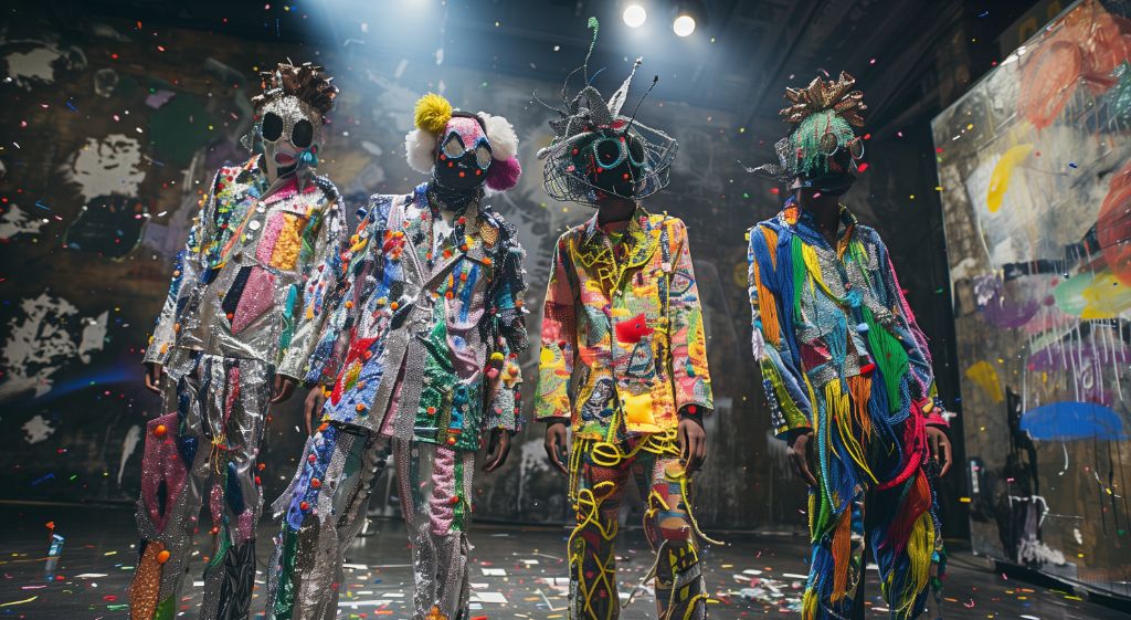Performers in vibrant, paint-splattered costumes posing