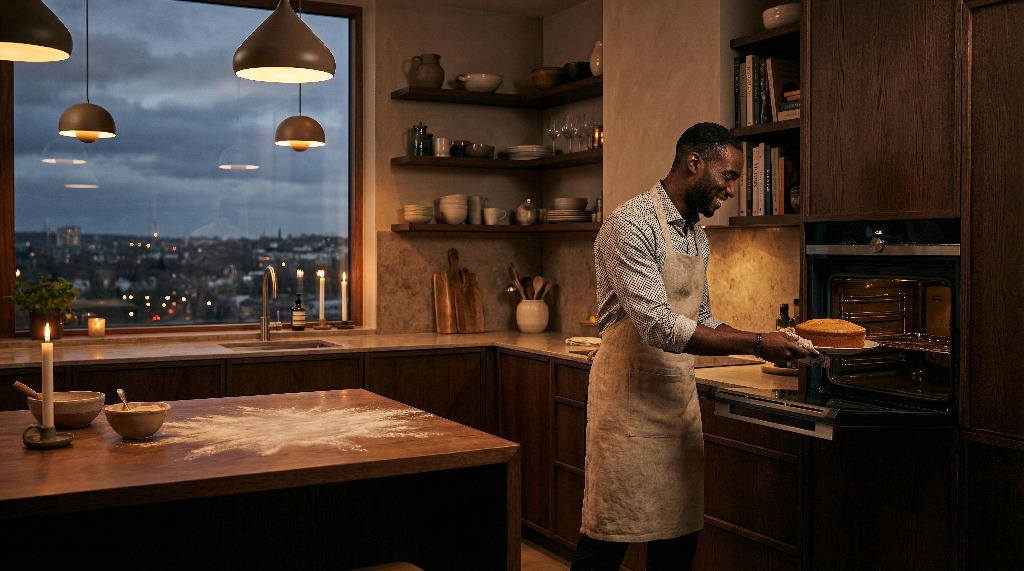 Man baking in a cozy kitchen with city view at dusk.