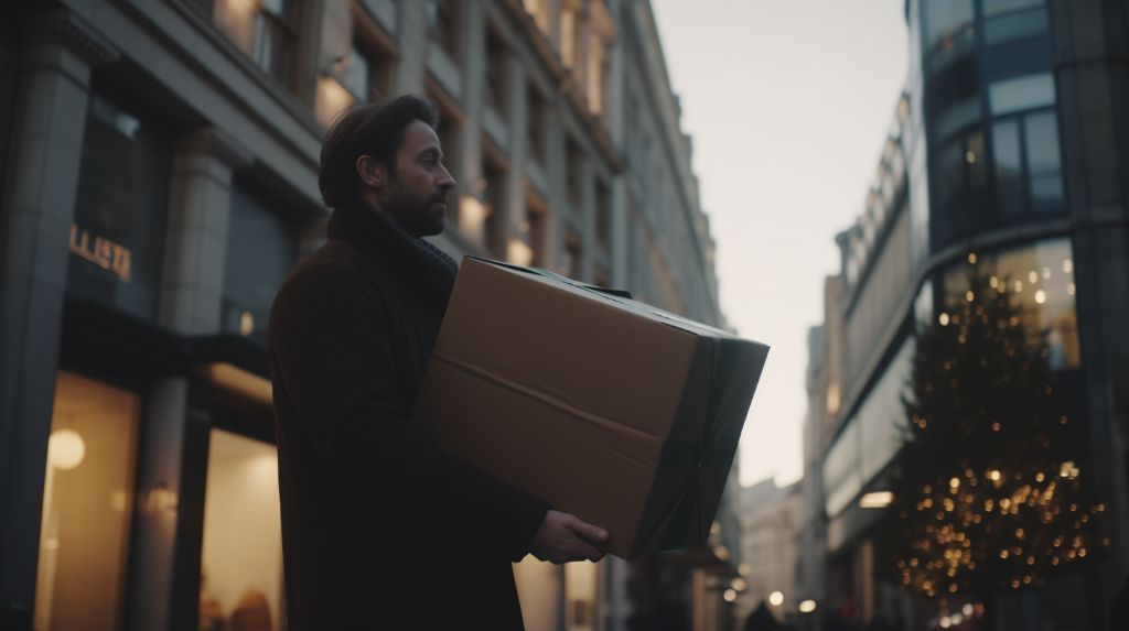 Man holding a large gift box on a vibrant city street