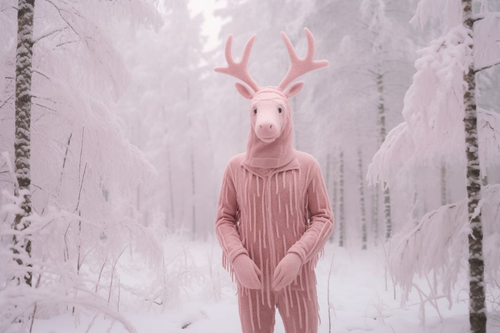 person in reindeer costume in swedish snow
