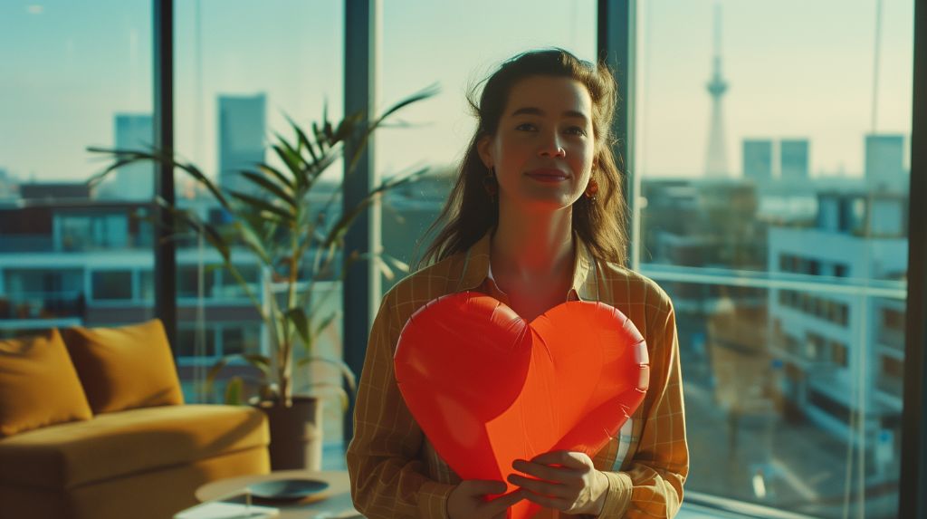 Woman holding a red heart-shaped balloon in a sunny room with city view