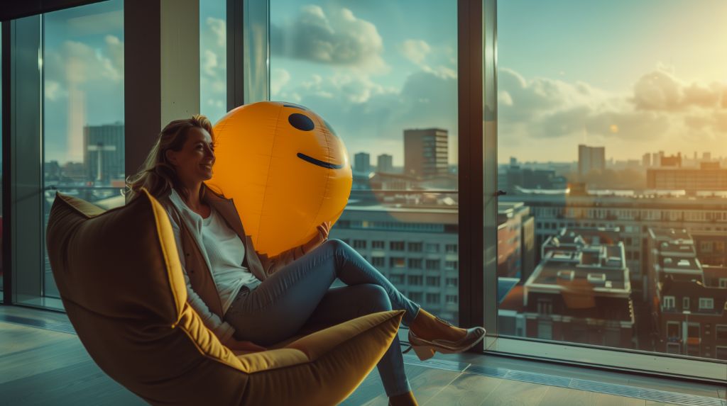 Woman relaxing in chair with smiley balloon, city skyline in background