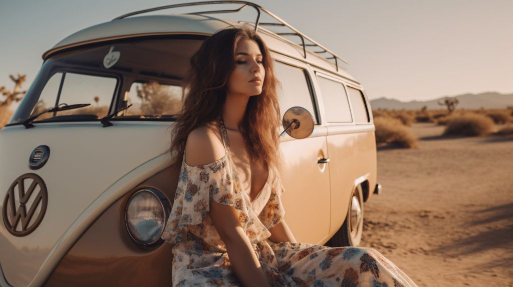 Woman with vintage van in desert landscape