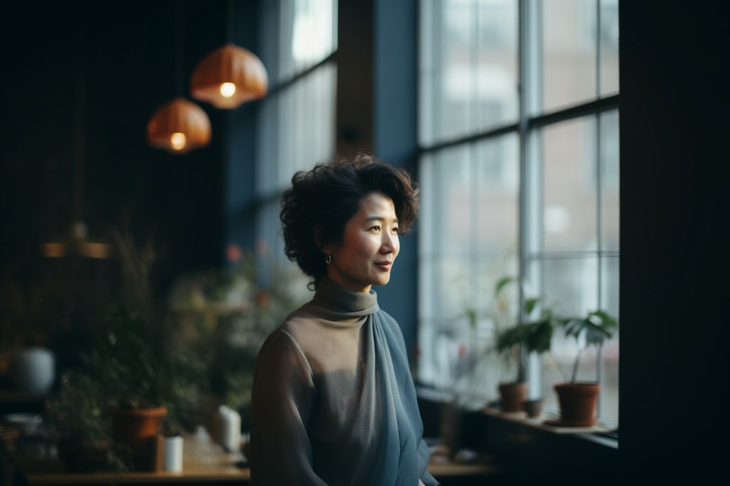 Wide shot of asian woman in office with city view