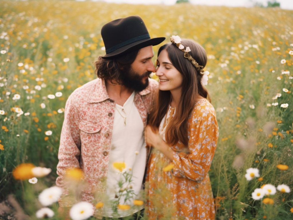 Bohemian couple embracing in flower field