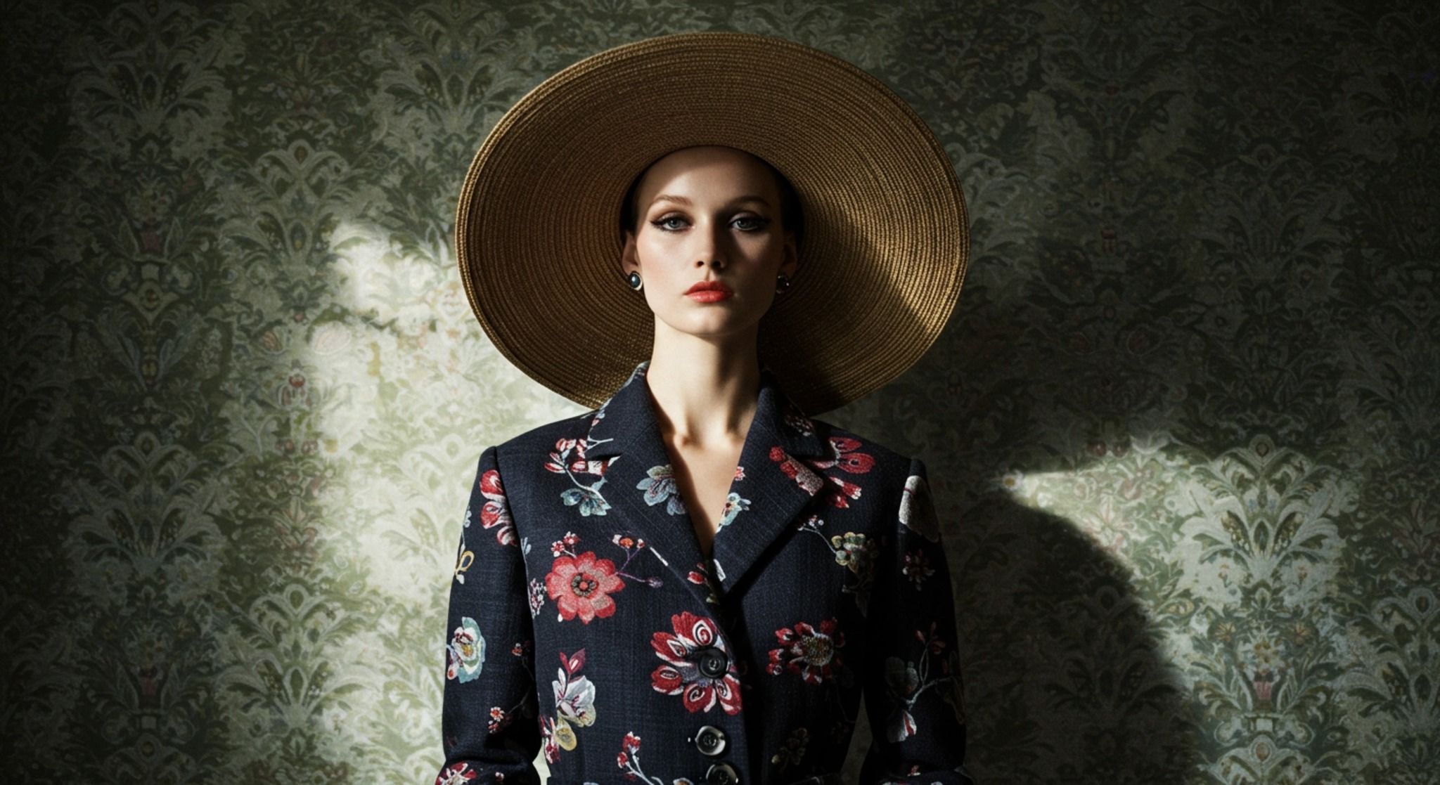 Model Against Patterned Background Free image: Woman in floral suit and wide-brimmed hat against patterned ...