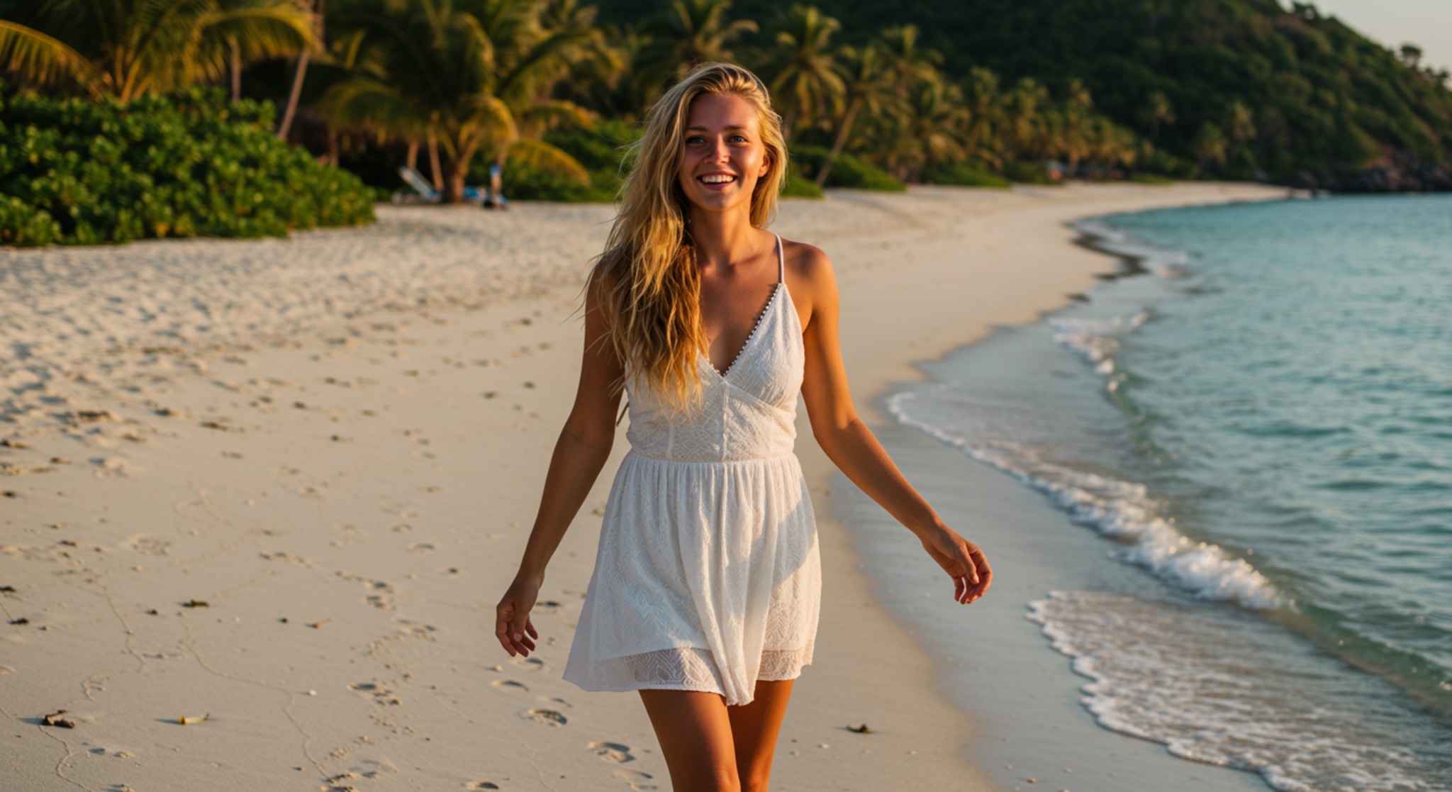 Free image: Young woman in a white dress walking on a tropical beach ...