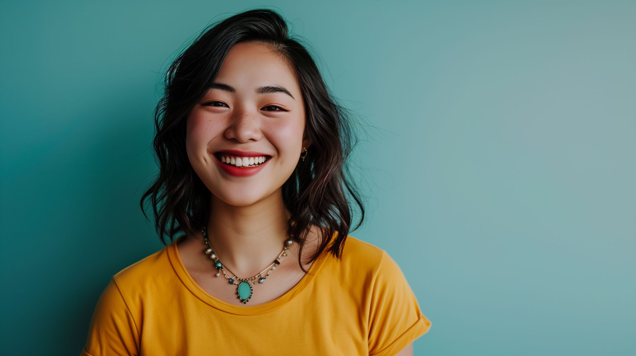 Free image: Smiling young woman in yellow top against a teal background ...