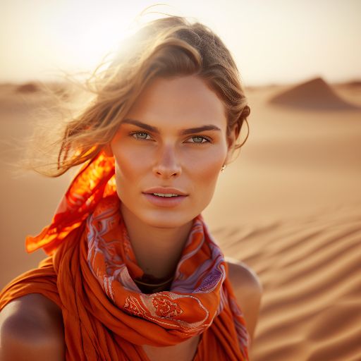 Colorful desert: A woman in a colorful dress with orange accents against a desert background
