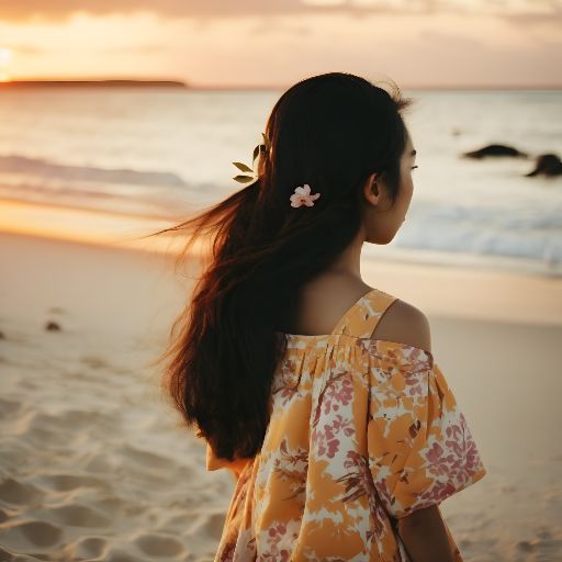 Asian girl on beach at sunset, at the beach