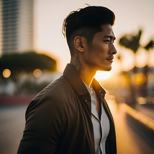 Asian man stands in city at dusk