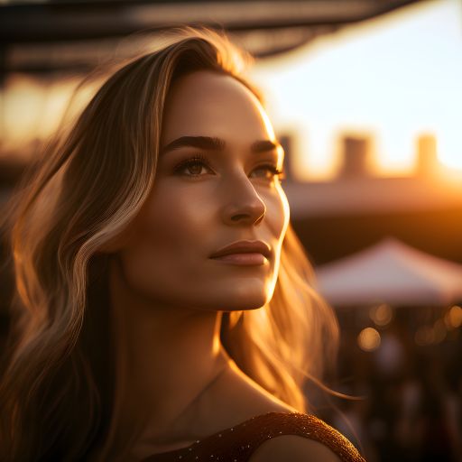 Young woman stands on rooftop at golden hour, looking out over city.