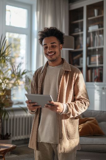 Smiling young man with curly hair using a tablet in a cozy living room