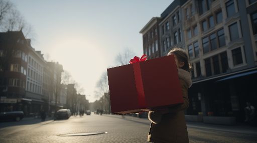 Child holding a large gift on a sunny winter street