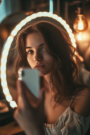 Woman taking a selfie with a smartphone, reflected in a mirror with lights