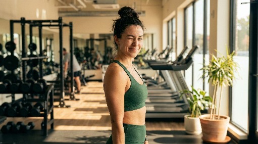 Woman in workout attire smiling in a gym with equipment.