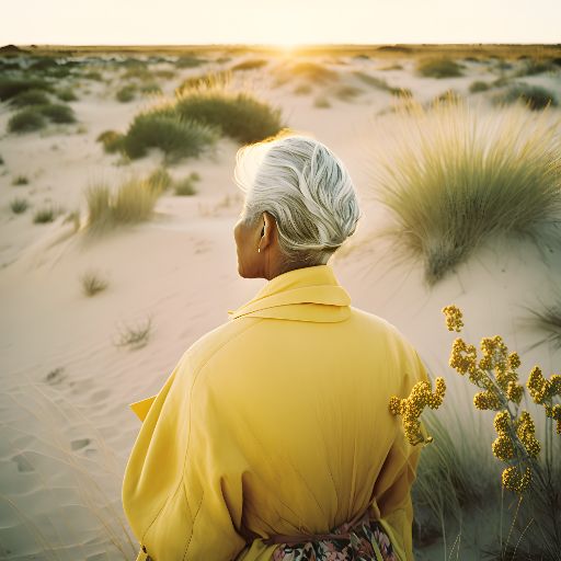 An asian woman in her 50s surrounded by nature, bathed in golden hour light.
