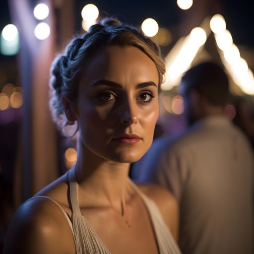 Portrait of a woman at an outdoor party with blurry lights in the background