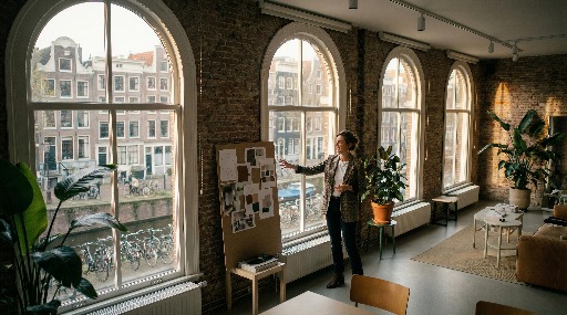 Person presenting in a stylish office with large windows.