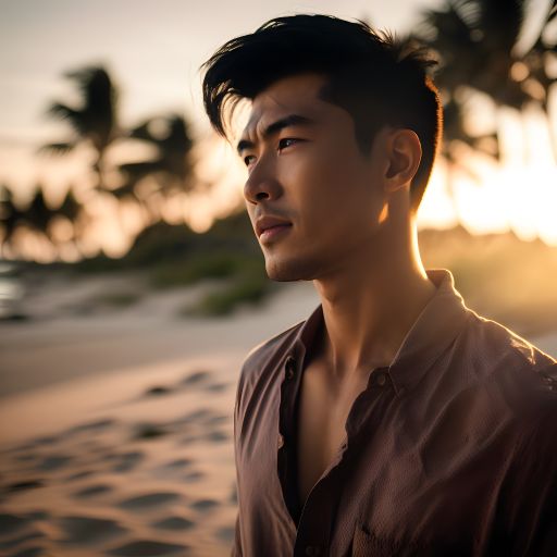 An Asian man in his thirties takes in the natural beauty of a tropical beach during the golden hour, surrounded by a blurry and dreamy background.