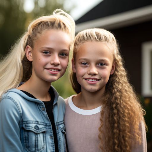 Sisters, 9, in front of their home