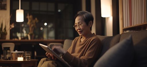 65-year-old Asian woman working on tablet at home