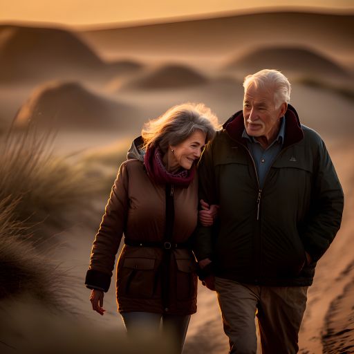 A loving couple in their 60s walk hand in hand through the sandy dunes, their faces etched with joy and contentment.