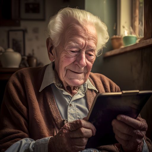 Smiling Senior Man Enjoying Technology: A Portrait of Elderly Man Browsing the Web on a Tablet