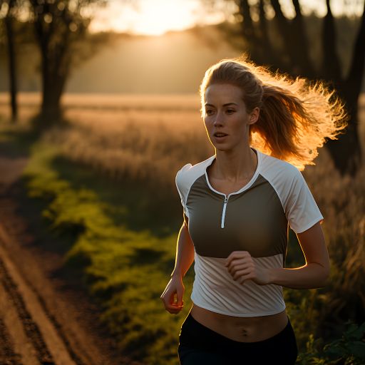Young woman running in nature at dusk