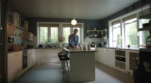 wide shot of homeowner standing in a kitchen