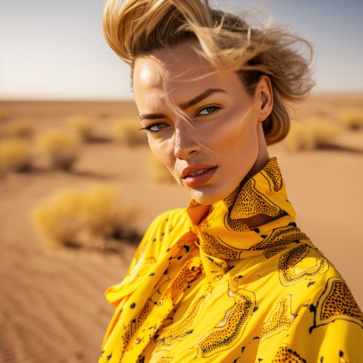 Colorful desert: A woman in a yellow dress against a desert background