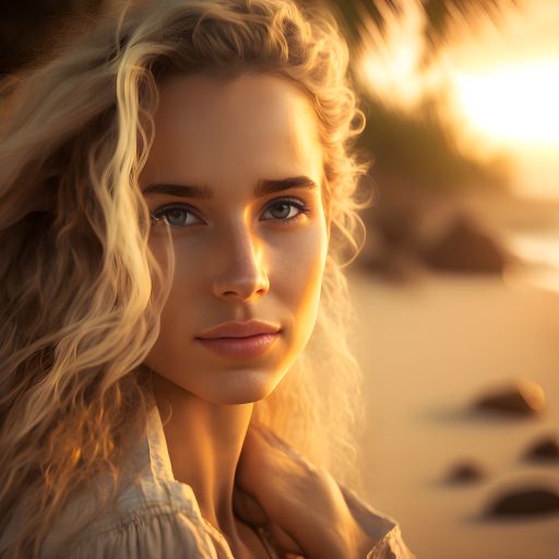 Portrait of a Young Blonde Woman at a Tropical Beach at Sunset