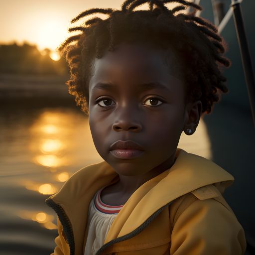 A tranquil scene of a cute african girl enjoying a boat ride with a spectacular sunset as the backdrop.