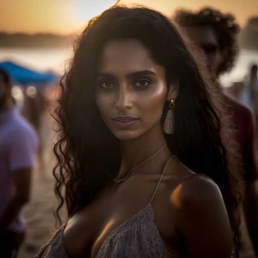 Indian woman at a beach bar at sunset