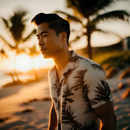 Walking in the warm sand, this Asian man looks content as he enjoys a sunset on a tropical beach.