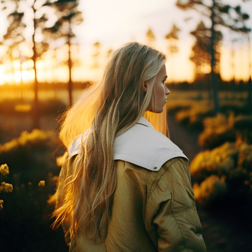 Photo of a woman surrounded by northern european nature in a golden dusk light