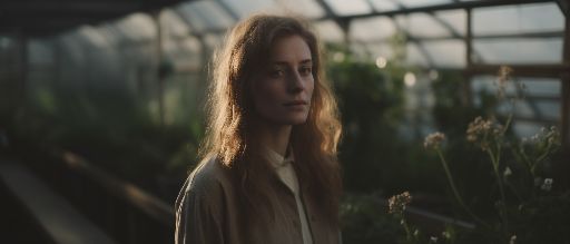 Golden hour portrait: woman amidst vibrant greenhouse foliage