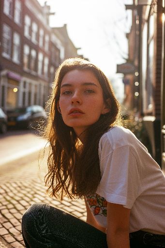 woman in embroidered t-shirt crouching on dutch street in winter sunlight