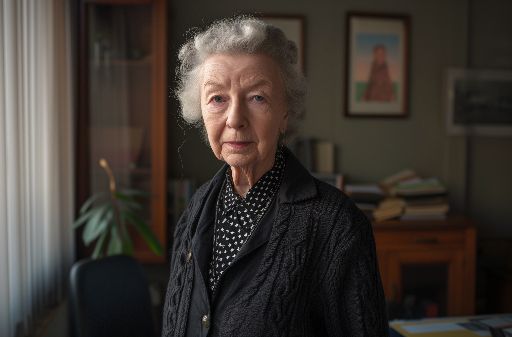 Elderly woman with a dignified expression in a home office setting