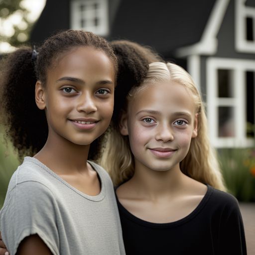 Portrait of two sisters in front of a house