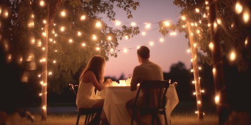 Couple enjoying a romantic outdoor dinner under string lights at dusk