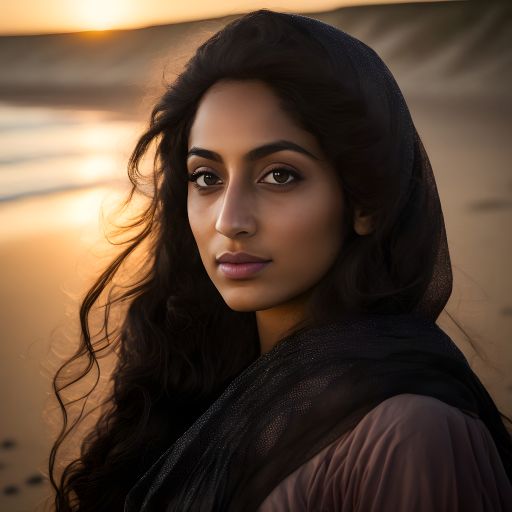 Pakistani Woman Walking at Dutch Coast at Sunset