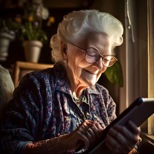 Smiling Senior Woman Enjoying Technology: A Portrait of Elderly Woman Browsing the Web on a Tablet