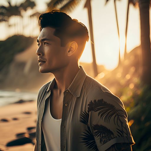 An Asian man, looking every bit the model, walks along a tropical beach in this stunning portrait taken during golden hour.