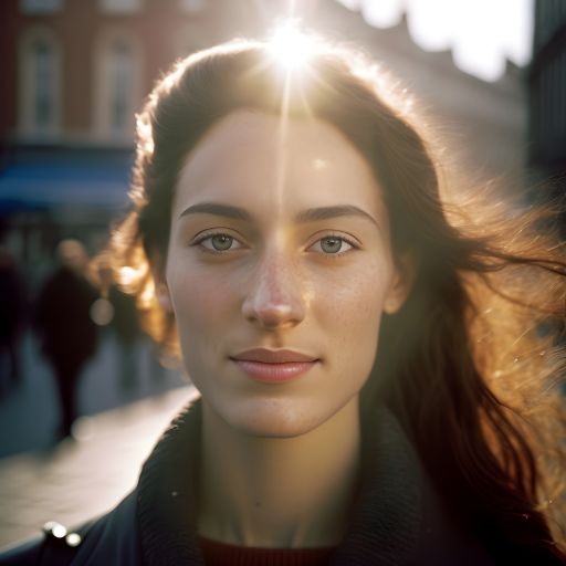 Autumn-Winter Joy in Amsterdam: 20-35 Year Old Woman Looking at the Camera in Sunlight, Wind, and Crowded Street with Backlighting and Lens Flare